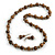 Long Wood Bead Necklace and Earring Set with Animal Print in Brown/ 80cm L