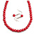 Red Glass Bead Necklace and Drop Earring Set In Silver Metal/ 8mm/ 40cm L/ 4cm Ext