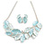 Pastel Mint Blue Enamel Leafy Necklace and Stud Earrings Set in Silver Tone - 42cm L/6cm Ext