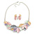 Pastel Multicoloured Enamel Leafy Necklace and Stud Earrings Set in Silver Tone - 42cm L/6cm Ext - view 10