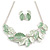 Pastel Mint Green Enamel Leafy Necklace and Stud Earrings Set in Silver Tone - 42cm L/6cm Ext
