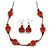 Red Ceramic Coin/ Round Bead Brown Cord Necklace and Drop Earrings Set/48cm L/Slight Variation In Colour/Natural Irregularities - view 2